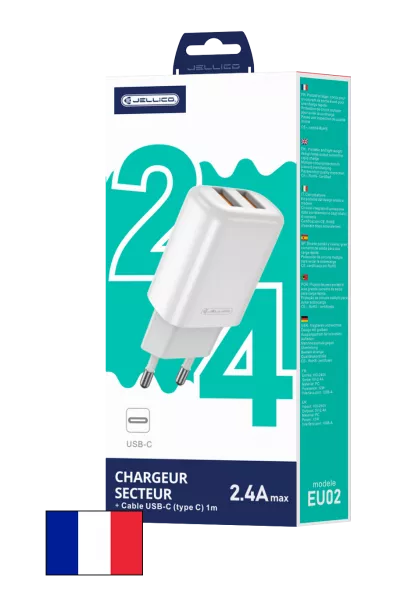 Adaptateur secteur USB (2.4 A) double port avec cable USB vers USB-C JELLICO EU02 (Boite/blister) blanc