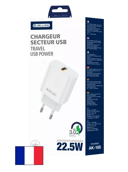 Adaptateur secteur USB-A (22.5W) JELLICO AK165 (Boite/blister) blanc