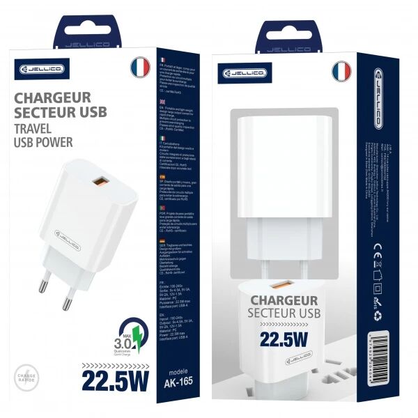 Adaptateur secteur USB-A (22.5W) JELLICO AK165 blanc