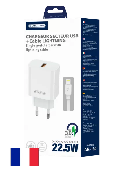 Adaptateur secteur USB-A avec cable USB-A vers Lightning (22.5W) JELLICO AK165 (Boite/blister) blanc