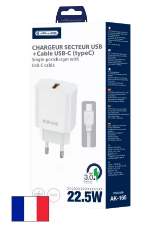 Adaptateur secteur USB-A avec cable USB-A vers Type C (22.5W) JELLICO AK165 (Boite/blister) blanc