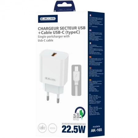 Adaptateur secteur USB-A avec cable USB-A vers Type C (22.5W) JELLICO AK165 (Boite/blister) blanc