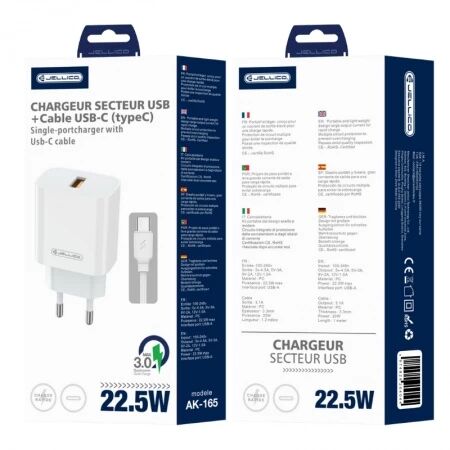 Adaptateur secteur USB-A avec cable USB-A vers Type C (22.5W) JELLICO AK165 (Boite/blister) blanc