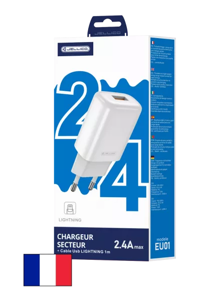 Adaptateur secteur USB avec cable USB vers Lightning (2.4 A) JELLICO EU01 (Boite/blister) blanc