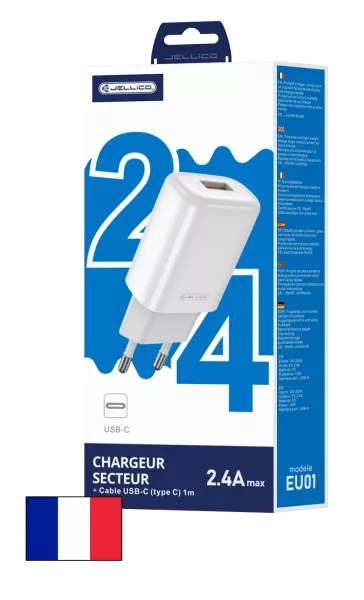 Adaptateur secteur USB avec cable USB vers USB-C (2.4 A) JELLICO EU01 (Boite/blister) blanc