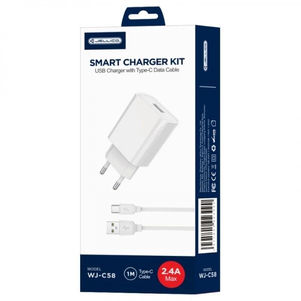 Adaptateur secteur Usb avec cable Usb vers Usb-C (2.4 A) JELLICO WJ-C58 blanc