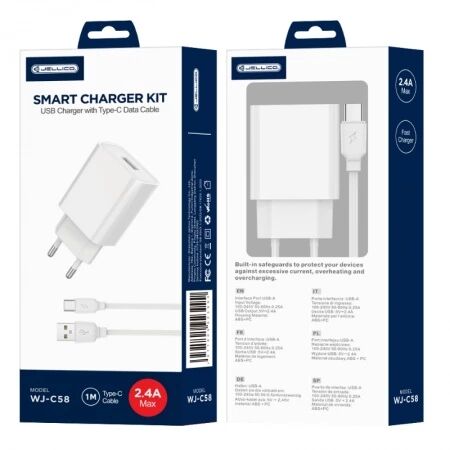 Adaptateur secteur Usb avec cable Usb vers Usb-C (2.4 A) JELLICO WJ-C58 blanc