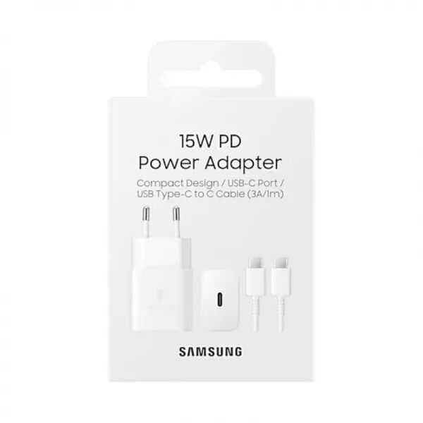 Adaptateur secteur USB-C avec cable ORIGINAL USB-C/Type C charge rapide SAMSUNG 15W EP-T1510XWEGEU (Boite/BLISTER) blanc