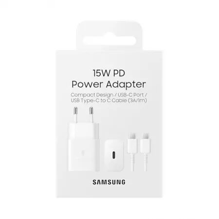 Adaptateur secteur USB-C avec cable ORIGINAL USB-C/Type C charge rapide SAMSUNG 15W EP-T1510XWEGEU (Boite/BLISTER) blanc