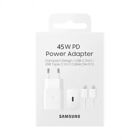 Adaptateur secteur USB-C avec cable ORIGINAL USB-C/Type C charge rapide SAMSUNG 45W EP-TA845XWEGWW (Boite/BLISTER) blanc