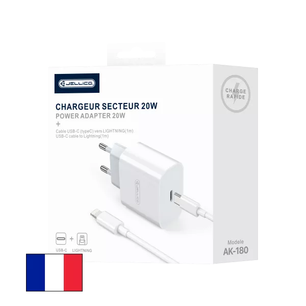 Adaptateur secteur USB-C avec cable USB-C/Type C vers Lightning (20W) JELLICO AK180 (Boite/blister)