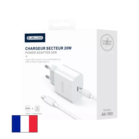 Adaptateur secteur USB-C avec cable USB-C/Type C vers Lightning (20W) JELLICO AK180 (Boite/blister)