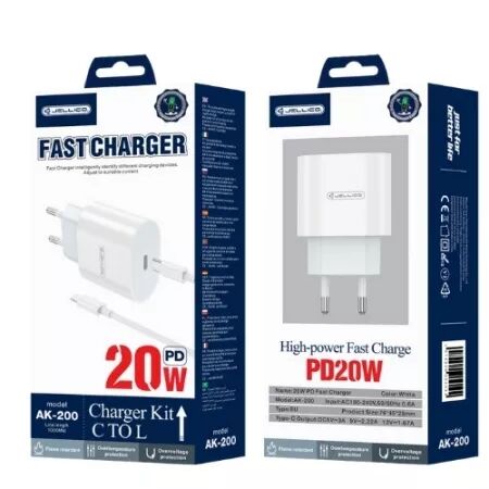 Adaptateur secteur USB-C avec cable USB-C/Type C vers Lightning (20W) JELLICO AK200 (Boite/blister) blanc