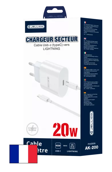 Adaptateur secteur USB-C avec cable USB-C/Type C vers Lightning (20W) JELLICO AK200 (Boite/blister) blanc