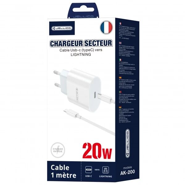Adaptateur secteur Usb-C avec cable Usb-C/Type C vers Lightning (20W) JELLICO AK200 blanc