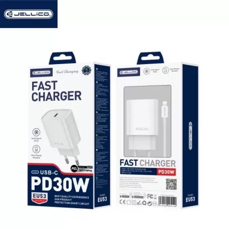 Adaptateur secteur USB-C avec cable USB-C/Type C vers Lightning (30W) JELLICO EU53 (Boite/ BLISTER)