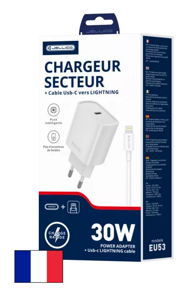Adaptateur secteur USB-C avec cable USB-C/Type C vers Lightning (30W) JELLICO EU53 (Boite/blister)