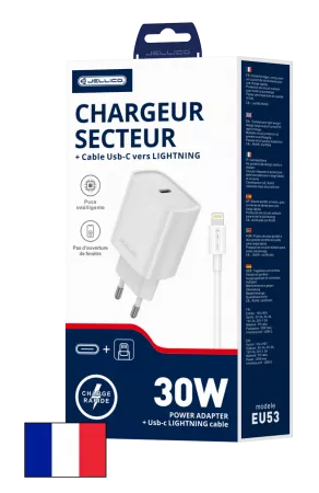 Adaptateur secteur USB-C avec cable USB-C/Type C vers Lightning (30W) JELLICO EU53 (Boite/blister)