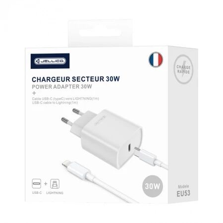 Adaptateur secteur USB-C avec cable USB-C/Type C vers Lightning (30W) JELLICO EU53 (Boite/blister)