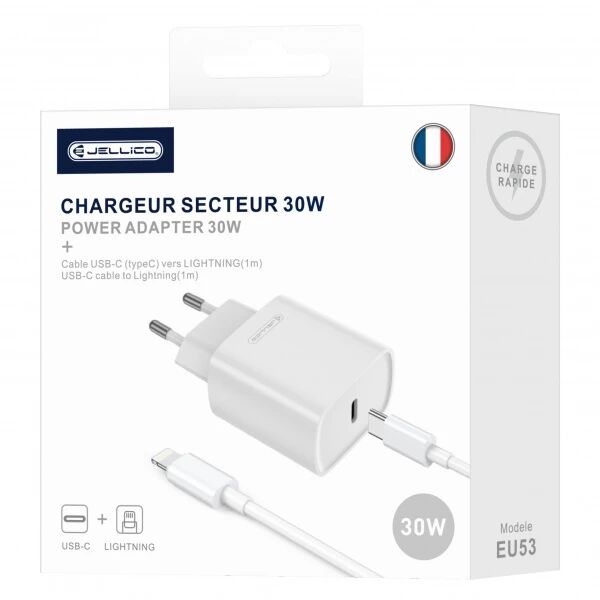 Adaptateur secteur Usb-C avec cable Usb-C/Type C vers Lightning (30W) JELLICO EU53
