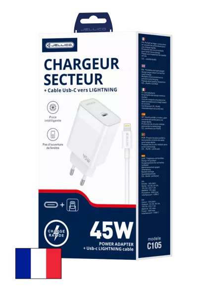 Adaptateur secteur USB-C avec cable USB-C/Type C vers Lightning (45W) JELLICO C105 (Boite/blister) blanc