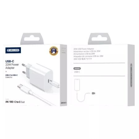 Adaptateur secteur USB-C avec cable USB-C/Type C vers Type C (20W) JELLICO AK180 (Boite/blister) Blanc