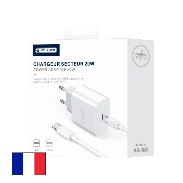 Adaptateur secteur USB-C avec cable USB-C/Type C vers Type C (20W) JELLICO AK180 (Boite/blister) Blanc