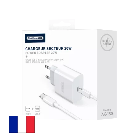 Adaptateur secteur USB-C avec cable USB-C/Type C vers Type C (20W) JELLICO AK180 (Boite/blister) Blanc