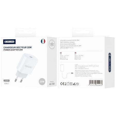 Adaptateur secteur Usb-C avec cable Usb-C/Type C vers Type C (20W) JELLICO AK180 Blanc