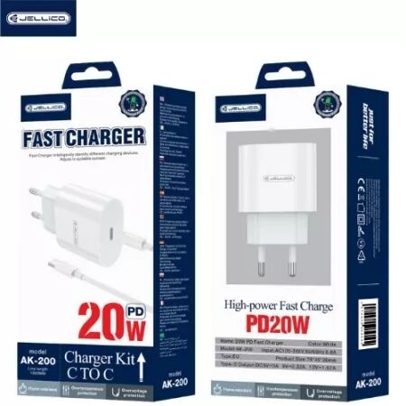Adaptateur secteur USB-C avec cable USB-C/Type C vers Type C (20W) JELLICO AK200 (Boite/blister) blanc
