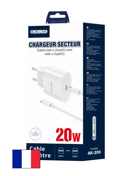 Adaptateur secteur USB-C avec cable USB-C/Type C vers Type C (20W) JELLICO AK200 (Boite/blister) blanc