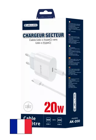 Adaptateur secteur USB-C avec cable USB-C/Type C vers Type C (20W) JELLICO AK200 (Boite/blister) blanc