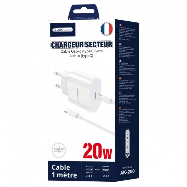 Adaptateur secteur Usb-C avec cable Usb-C/Type C vers Type C (20W) JELLICO AK200 blanc