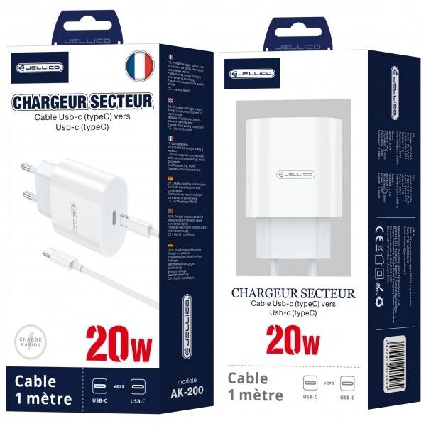Adaptateur secteur Usb-C avec cable Usb-C/Type C vers Type C (20W) JELLICO AK200 blanc