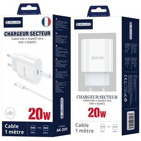 Adaptateur secteur Usb-C avec cable Usb-C/Type C vers Type C (20W) JELLICO AK200 blanc
