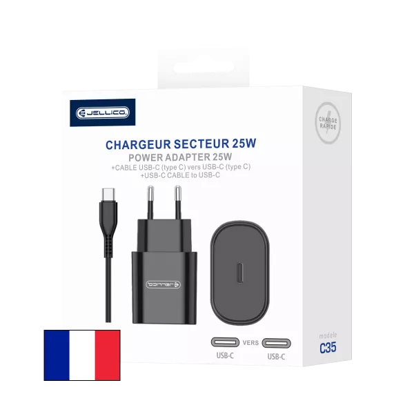 Adaptateur secteur USB-C avec cable USB-C/Type C vers Type C (25W) JELLICO C35 (Boite/blister) noir