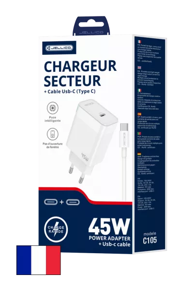 Adaptateur secteur USB-C avec cable USB-C/Type C vers Type C (45W) JELLICO C105 (Boite/blister) blanc