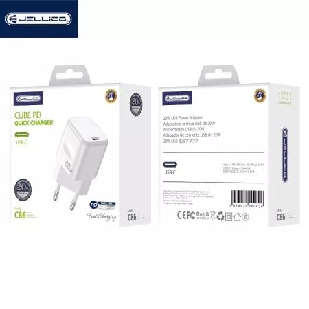 Adaptateur secteur USB-C avec cable USB-C/Type C vers USB-C/Type C (20W) JELLICO C86 (Boite/blister) Blanc