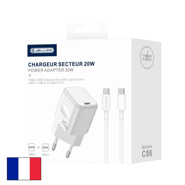 Adaptateur secteur USB-C avec cable USB-C/Type C vers USB-C/Type C (20W) JELLICO C86 (Boite/blister) Blanc