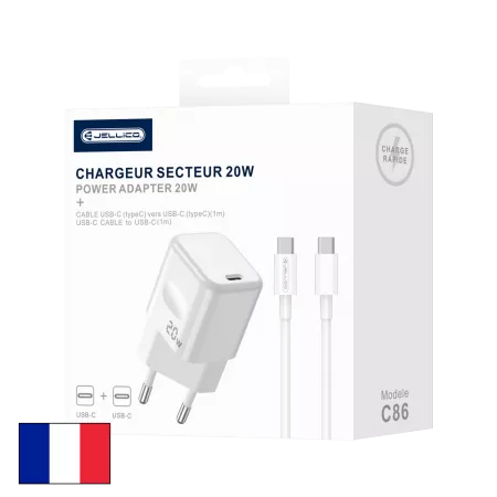 Adaptateur secteur USB-C avec cable USB-C/Type C vers USB-C/Type C (20W) JELLICO C86 (Boite/blister) Blanc