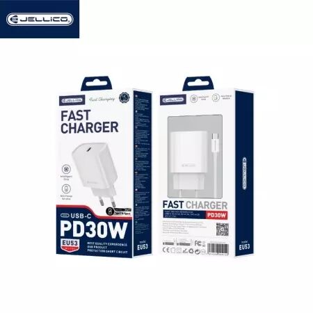 Adaptateur secteur USB-C avec cable USB-C/Type C vers USB-C/Type C (30W) JELLICO EU53 (Boite/ BLISTER) Blanc