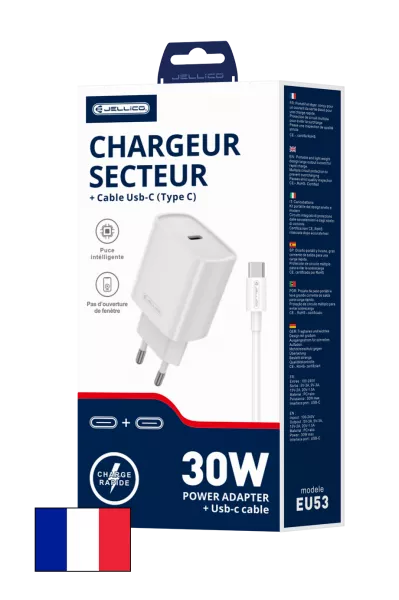 Adaptateur secteur USB-C avec cable USB-C/Type C vers USB-C/Type C (30W) JELLICO EU53 (Boite/blister) Blanc