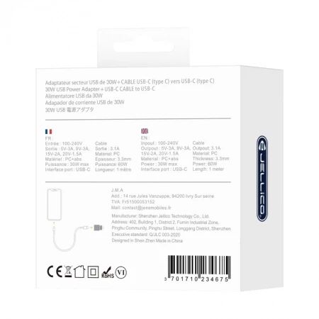 Adaptateur secteur USB-C avec cable USB-C/Type C vers USB-C/Type C (30W) JELLICO EU53 (Boite/blister) Blanc