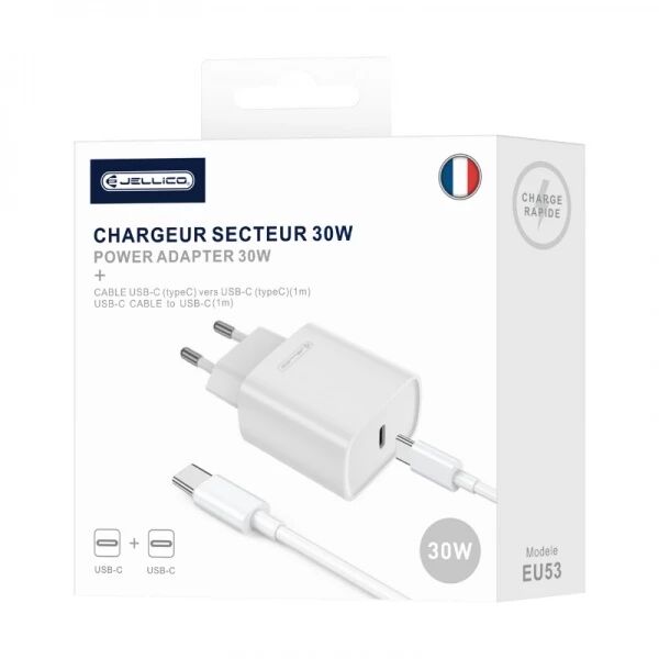 Adaptateur secteur USB-C avec cable USB-C/Type C vers USB-C/Type C (30W) JELLICO EU53 (Boite/blister) Blanc
