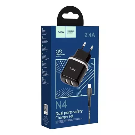 Adaptateur secteur USB Double port avec Cable USB-C/Type C (12W) HOCO N4 (Boite/Blister) noir