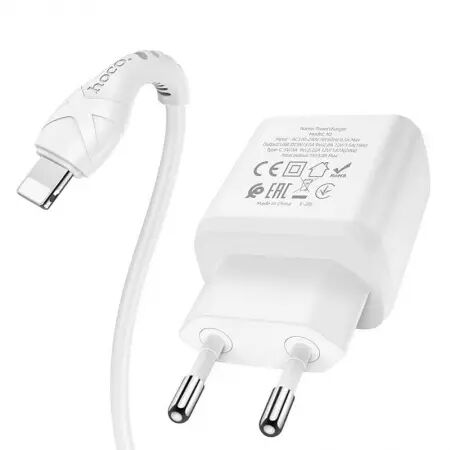 Adaptateur secteur USB et USB-C/Type C Double port avec cable Type C vers Lightning HOCO N5 (Boite/BLISTER) blanc