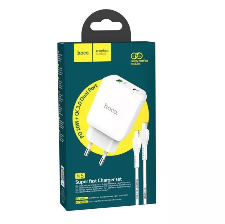 Adaptateur secteur USB et USB-C/Type C Double port avec cable Type C vers Lightning HOCO N5 (Boite/BLISTER) blanc