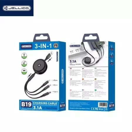 Cable enrouleur USB 3 en 1 (USB-C/Type C, Lightning, Micro USB) JELLICO B19 (Boite/BLISTER) blanc
