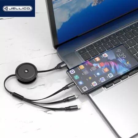 Cable enrouleur USB 3 en 1 (USB-C/Type C, Lightning, Micro USB) JELLICO B19 (Boite/BLISTER) blanc