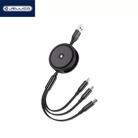 Cable enrouleur USB 3 en 1 (USB-C/Type C, Lightning, Micro USB) JELLICO B19 (Boite/BLISTER) blanc